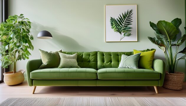 a cozy living room featuring a green sofa decorative cushions and various indoor plants creating a fresh and inviting atmosphere eco friendly consumer behavior