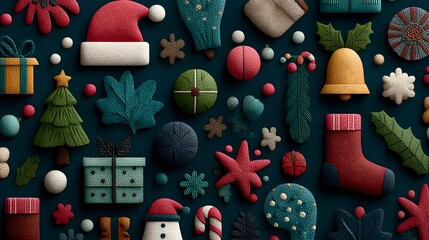 A festive collage of Christmas-themed objects including Santa hats, gift boxes, trees, ornaments, and decorative elements on a dark background