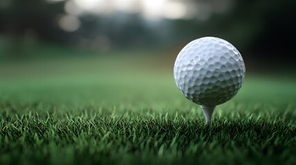 A single golf ball positioned on a tee against a blurred background of lush green grass and soft sunlight, capturing the essence of a perfect day on the course.