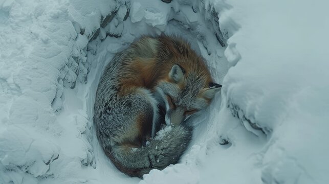 A cozy red fox curled up snugly in a peaceful blanket of soft, white snow in winter s embrace - Powered by Adobe