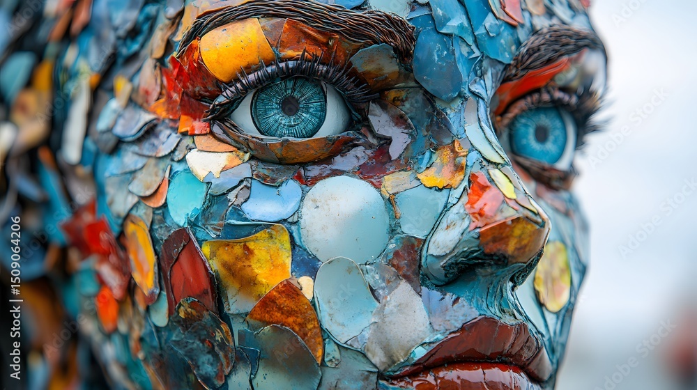 Aufkleber a mesmerizing abstract portrait of a face constructed from vibrant, textured metal pieces. the artis