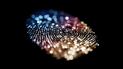 A digital fingerprint illuminated with a gradient of blue, purple, and gold lights against a black background, symbolizing identity verification and cybersecurity.