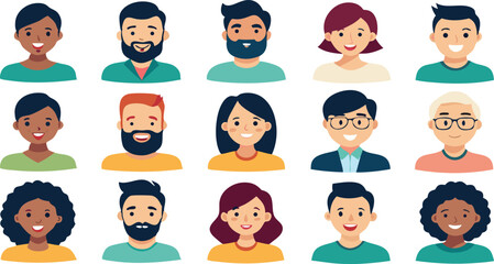 Collection of diverse cartoon avatars: funny faces, people, and children with various hairstyles and accessories