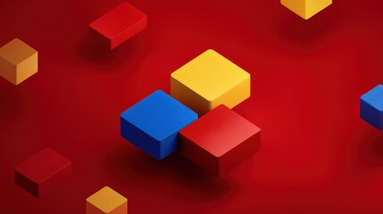 Obraz premium 3D isometric shapes in glossy red, blue and yellow, floating on bold background