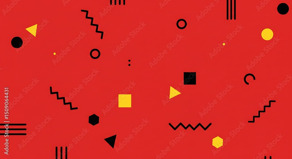 Poster geometric shapes pattern on red background with lines and dots