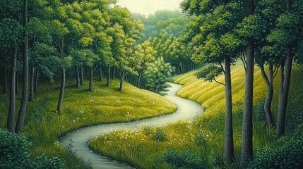 Naklejka premium Serene forest pathway meanders through verdant hills.