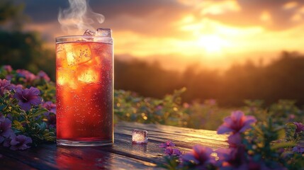Iced drink on wooden table at sunset