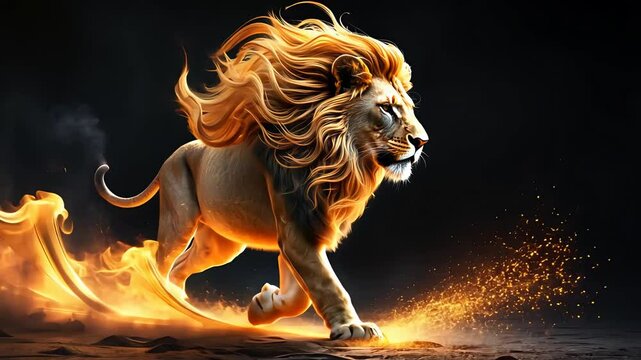 Majestic Lion Running with Fiery Mane and Sparks Flying, Powerful Wild Animal in Motion Against Dark Background with Golden Flames