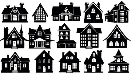 Collection of black silhouettes of various houses