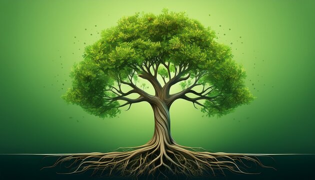 vibrant tree with deep roots and flourishing branches stands against gradient green background symbolizing growth and stability