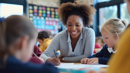 A smiling teacher with curly hair is engaged in helping students with their work in a classroom setting.