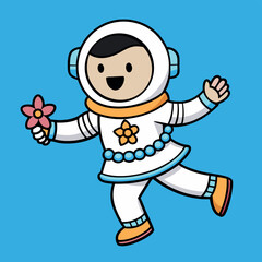 Happy astronaut girl dancing with flower