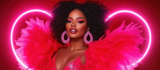 Pink feather boa model studio portrait, neon hearts background
