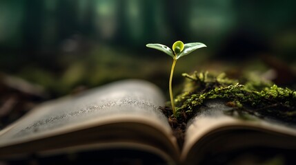 A single sprout emerges from the pages of an open book, symbolizing the growth of knowledge and the power of learning in a forest setting.