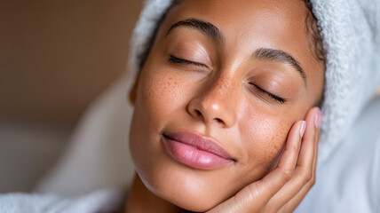 Relaxed woman with towel in hair enjoying skincare routine