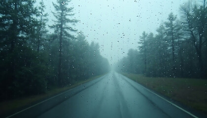 Fototapeta premium Rainy Road Through Forest: Atmospheric Drive