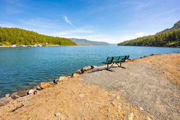 View from the Garfield Bay park of the sheltered harbor and small town community on the shores of Lake Pend Oreille at Garfield Bay, in Sagle, Idaho.