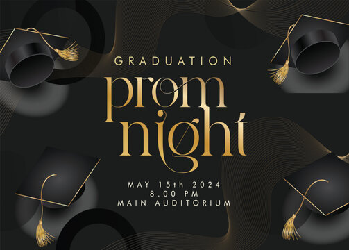 Prom Night Celebration Invitation: A stylish digital illustration heralding the excitement of prom night, featuring elegant typography, sleek graduation caps.