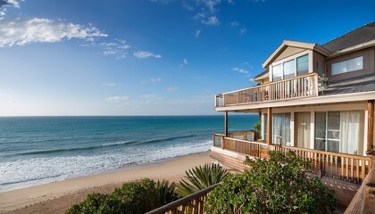 Fototapeta premium coastal elegance a beach house with a spacious balcony and ocean views
