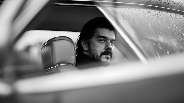 Fototapeta A black and white photograph of a man with a mustache sitting inside a vintage car, looking out the window with a serious expression.