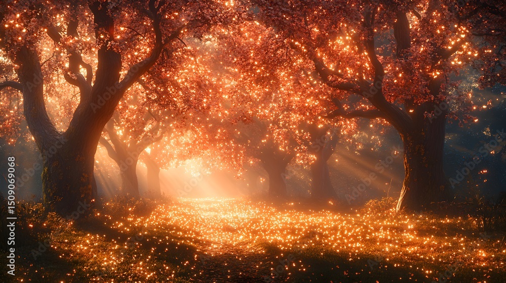 Poster step into a mystical forest bathed in golden light, where the boundaries between reality and fantasy