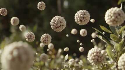 Microscopic spheres floating, nature background, medical illustration