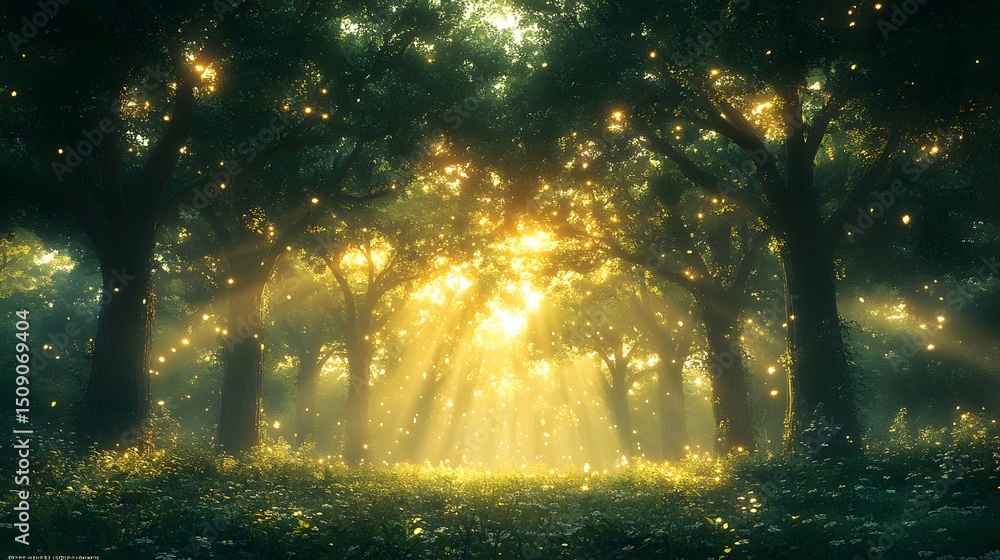 Poster a dreamy forest scene filled with ethereal light filtering through trees, creating a magical and ser