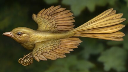 Fototapeta premium Golden bird in flight, leafy background, fantasy art, illustration