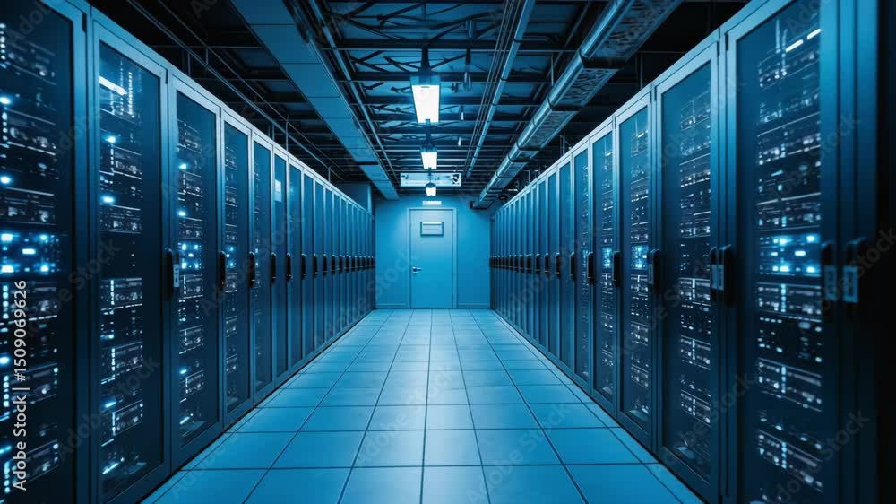 Poster high-tech server room with blue lighting and rows of server racks for modern data processing
