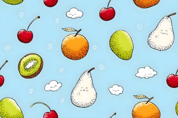 A charming and whimsical illustration featuring a variety of fruits including pears, oranges, cherries, and kiwis with cute faces on a light blue background.