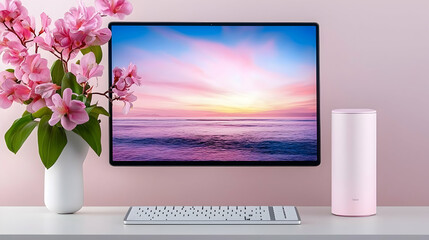Pink Desktop Workspace with Ocean Sunset Display