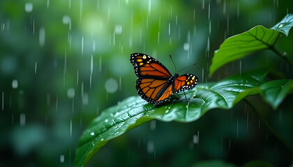 Fototapeta premium Butterfly Resting on Leaf in Rain