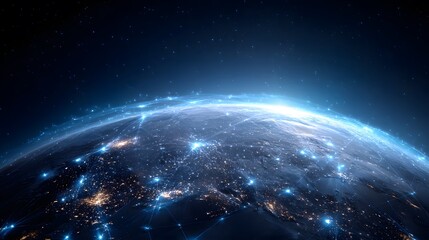 A stunning view of Earth from space at night, showcasing the illuminated cities and the intricate network of global connections across the planet's surface.