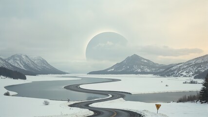 Moon Over Mountainous Landscape with Calm Water and Fo