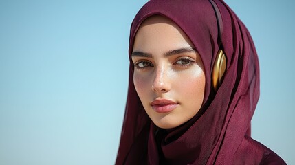 Naklejka premium Elegant woman in hijab listening to music on headphones under clear blue sky