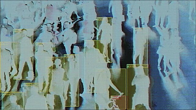 4K AI crowd surveillance with inverted silhouettes and yellow tracking boxes, digital HUD interface and glitch effect for motion graphics overlay, screen mode, cyberpunk public monitoring aesthetic