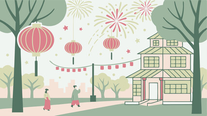 Festive lantern festival celebration scene, asian house, couple