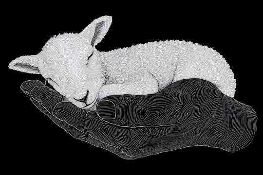 A detailed black and white illustration of a peaceful sleeping lamb cradled in a large hand, symbolizing protection and care.