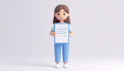 Happy cartoon woman holds clipboard checklist showing completed tasks good job concept