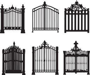 Fototapeta premium Wrought Iron Gate Designs: Ornamental Metal Garden Gates, Black Silhouette Vector Collection