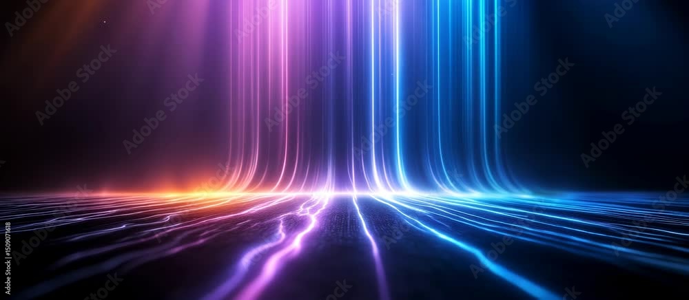 Poster vibrant neon light streams glowing in dark futuristic environment with dynamic movement