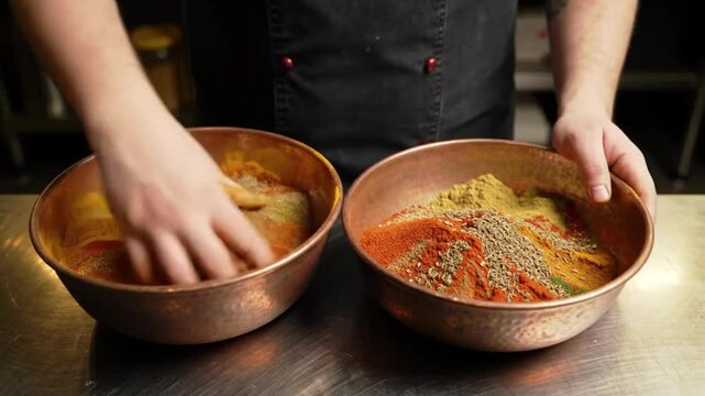 Chef blends spices with his hands in copper bowls