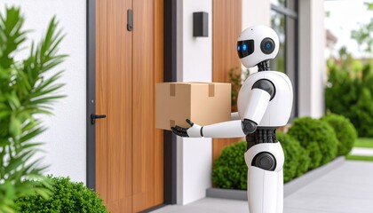 Home delivery robot delivers package at front door of modern house Future of automated shipping