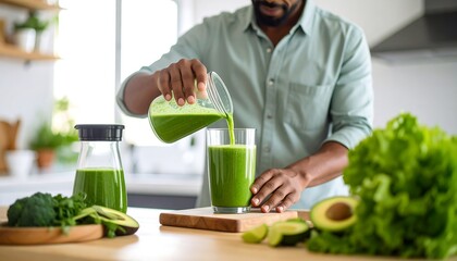 Man pouring green smoothie into glass (1)
