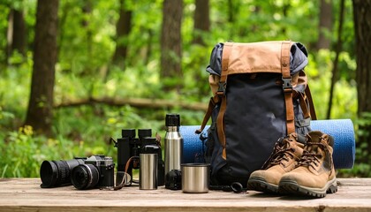 Fototapeta premium Hiking Backpack with Essential Gear for Nature Lovers Boots Binoculars Camera and Water Bottle