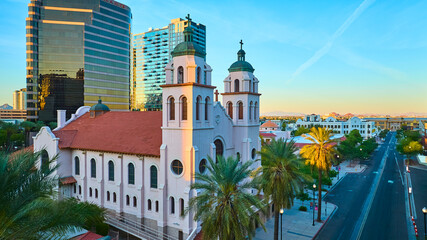 Aerial St Mary's Basilica with Palm Trees and Skyscrapers Phoenix Golden Hour
