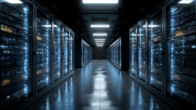 Digital infrastructure hallway with vibrant neon lights, reflecting floors, and futuristic server arrays inside a high-tech data center