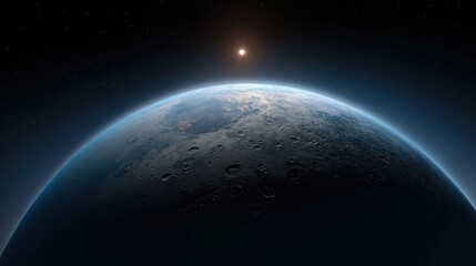 Fototapeta premium rocky exoplanet with craters and thin atmosphere, star shining behind