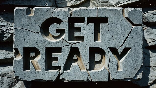 Stone Block with 'Get Ready' Carved in Cracked Surface – Dark Warrior-Themed Text on Rugged Grey Rock Texture