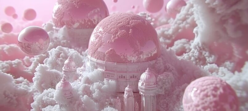 Majestic floating castle soaring above a dreamy pink sky at twilight, captivating all who gaze. - Powered by Adobe